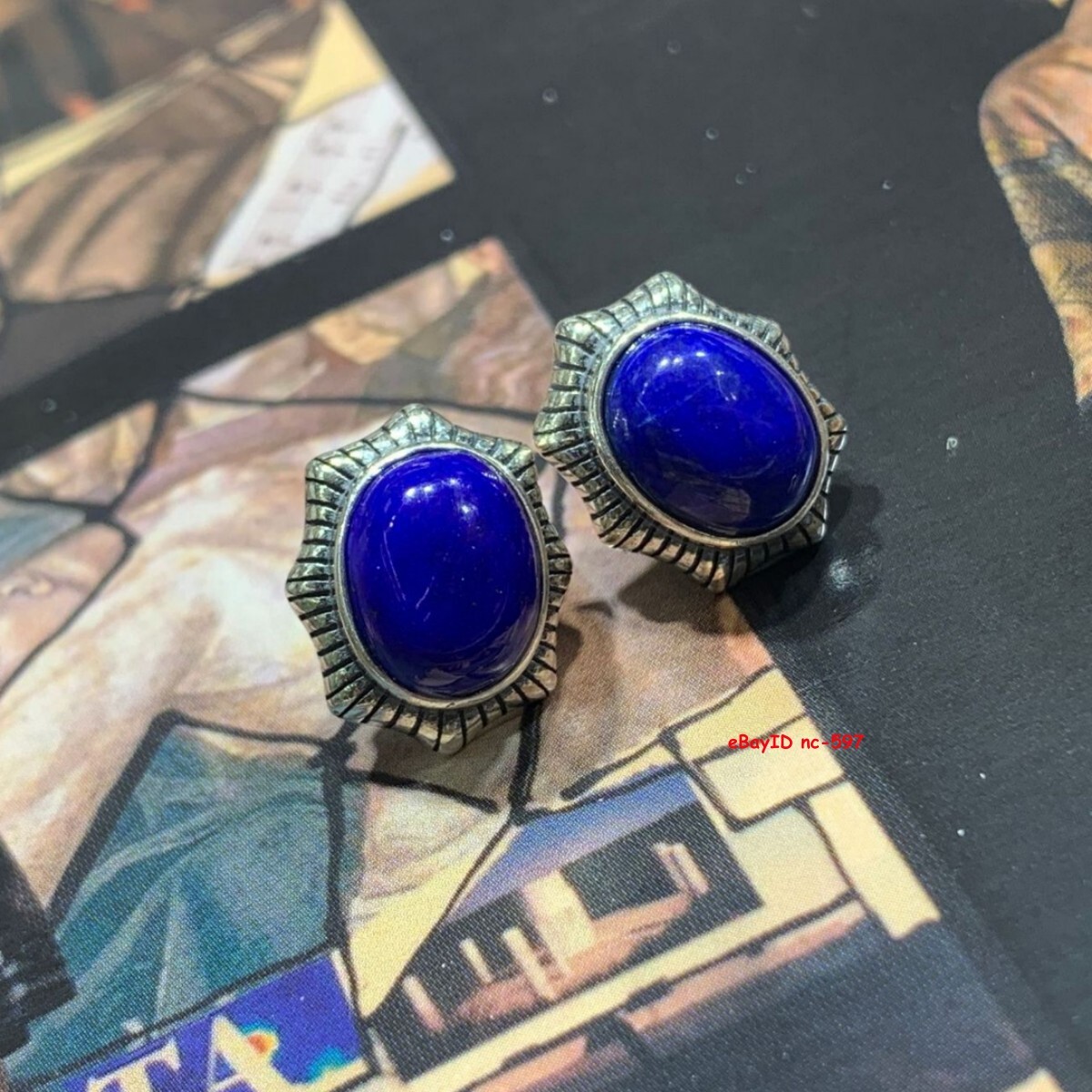 Vintage Lapis Lazuli Stud Earrings in 925 Sterling Silver