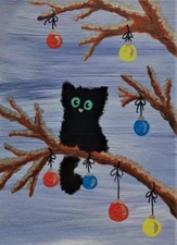 ACEO Mini *Art Print* Black Fluffy Cat Kitten & Christmas Ornaments by Saulite