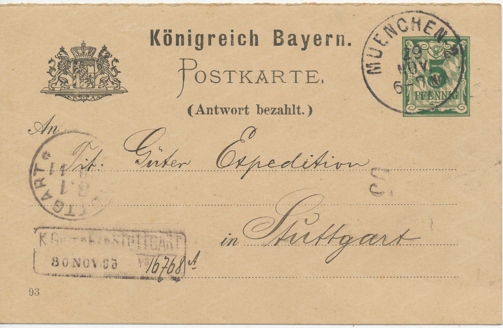 BAVARIA "MUNICH-2." (Oby.) K1 5 Pf GA Postcard 1893 N "K. Goods Exp. STUTTGART"