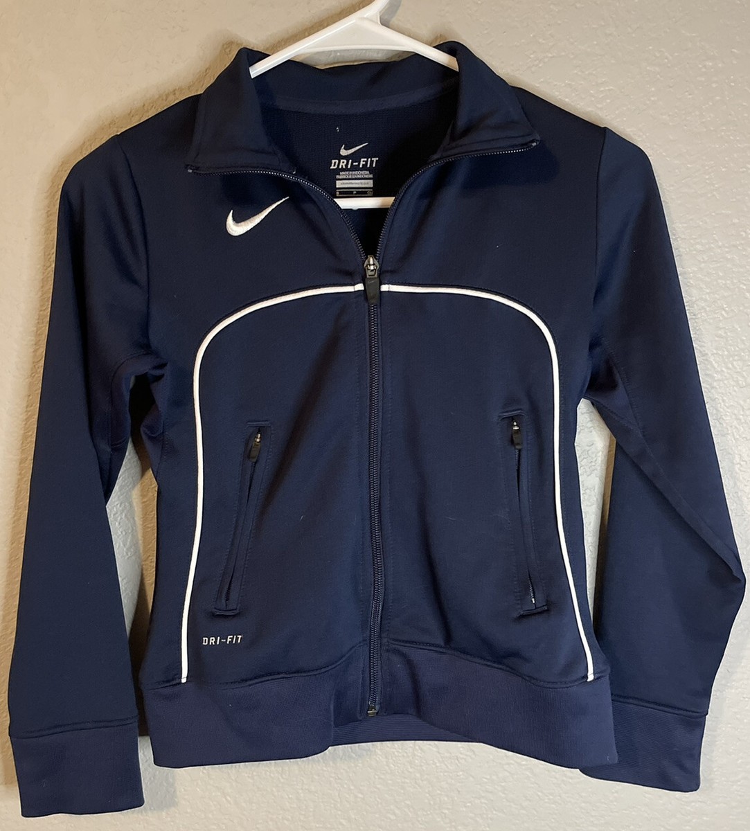Nike Warm Up Jacket Girls Youth S Blue White Striped Soccer Dri Fit