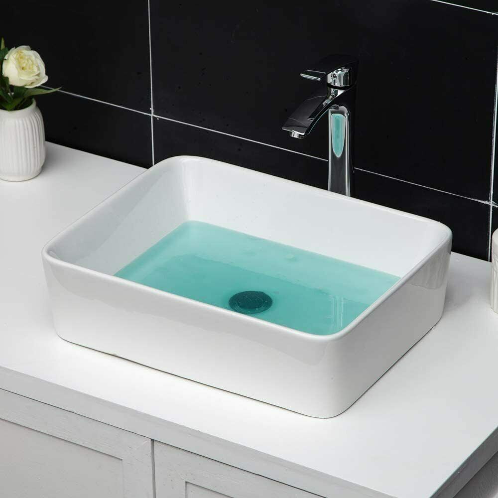 Modern Bathroom Wash Basin Sink Ceramic Countertop Rectangular White