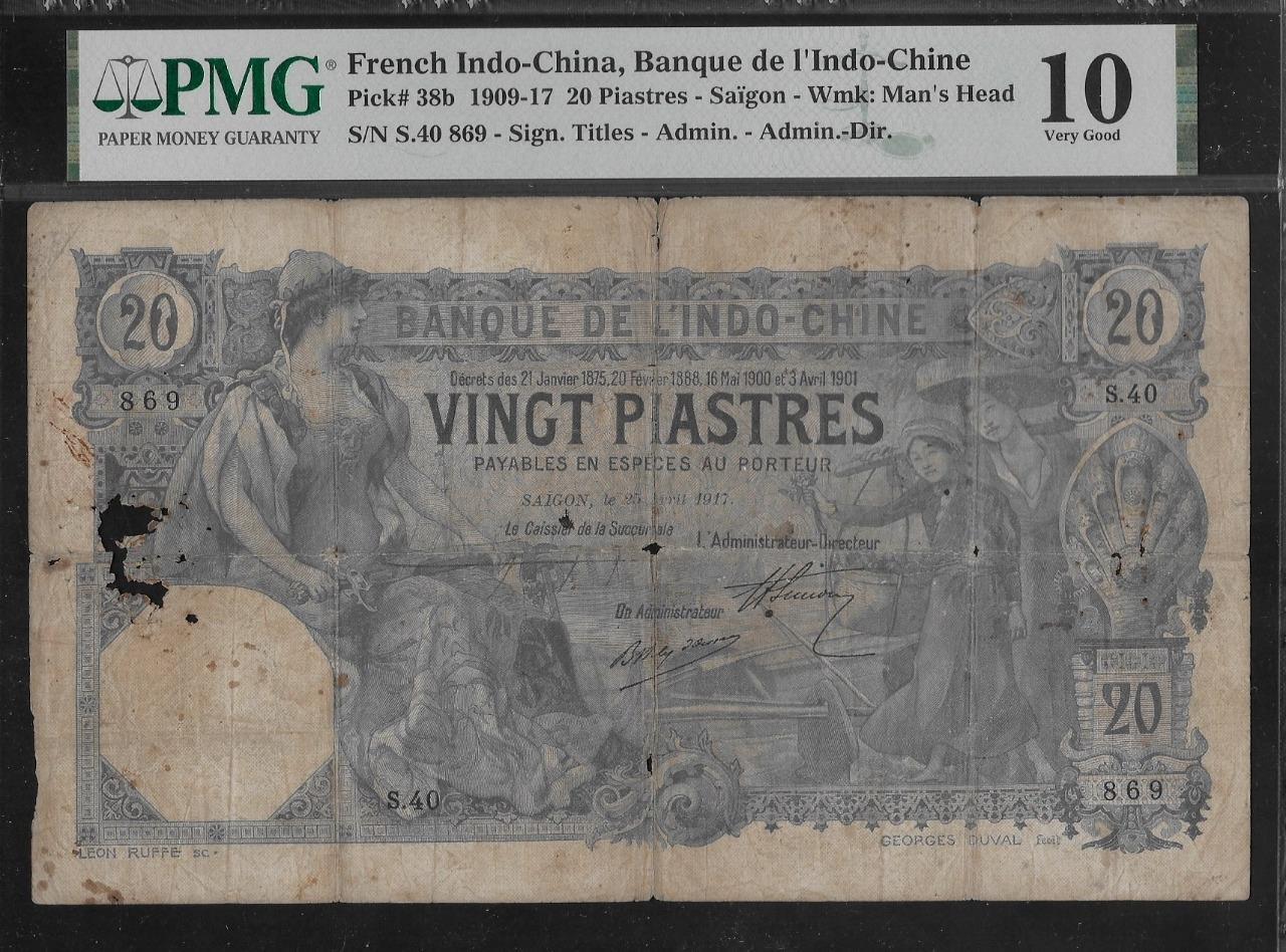 French Indochina P-38b 20 Piastres Saigon 1917 PMG 10 Paper Damage