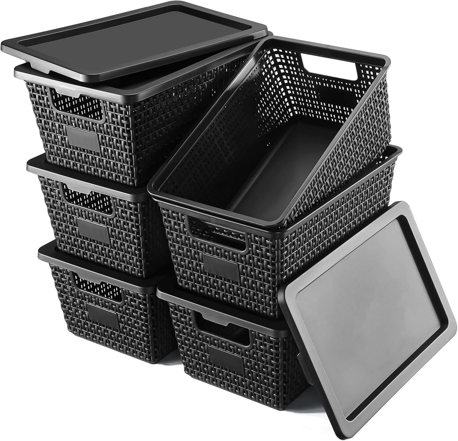 Stackable 6-Quart Plastic Storage Baskets with Lids for Pantry Organization-image