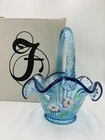 Fenton QVC Ribbed basket Hand Painted pansies Blue With Purple Crest W Box HTF