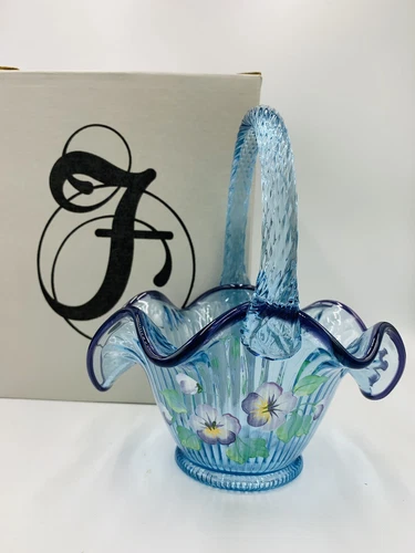 Fenton QVC Ribbed basket Hand Painted pansies Blue With Purple Crest W Box HTF