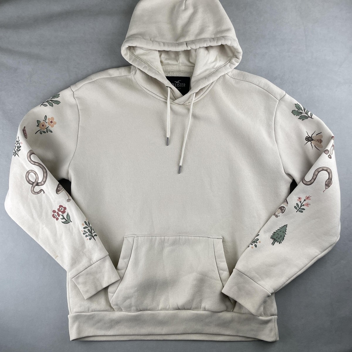 Hollister Hoodie Women M Cream Relaxed Fit Snake Floral Nature