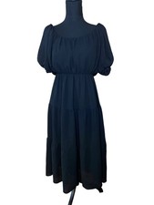 ASTR The Label Black Midi Dress WOMEN S BLACK Puff Sleeves & Smocked Waist GOTH