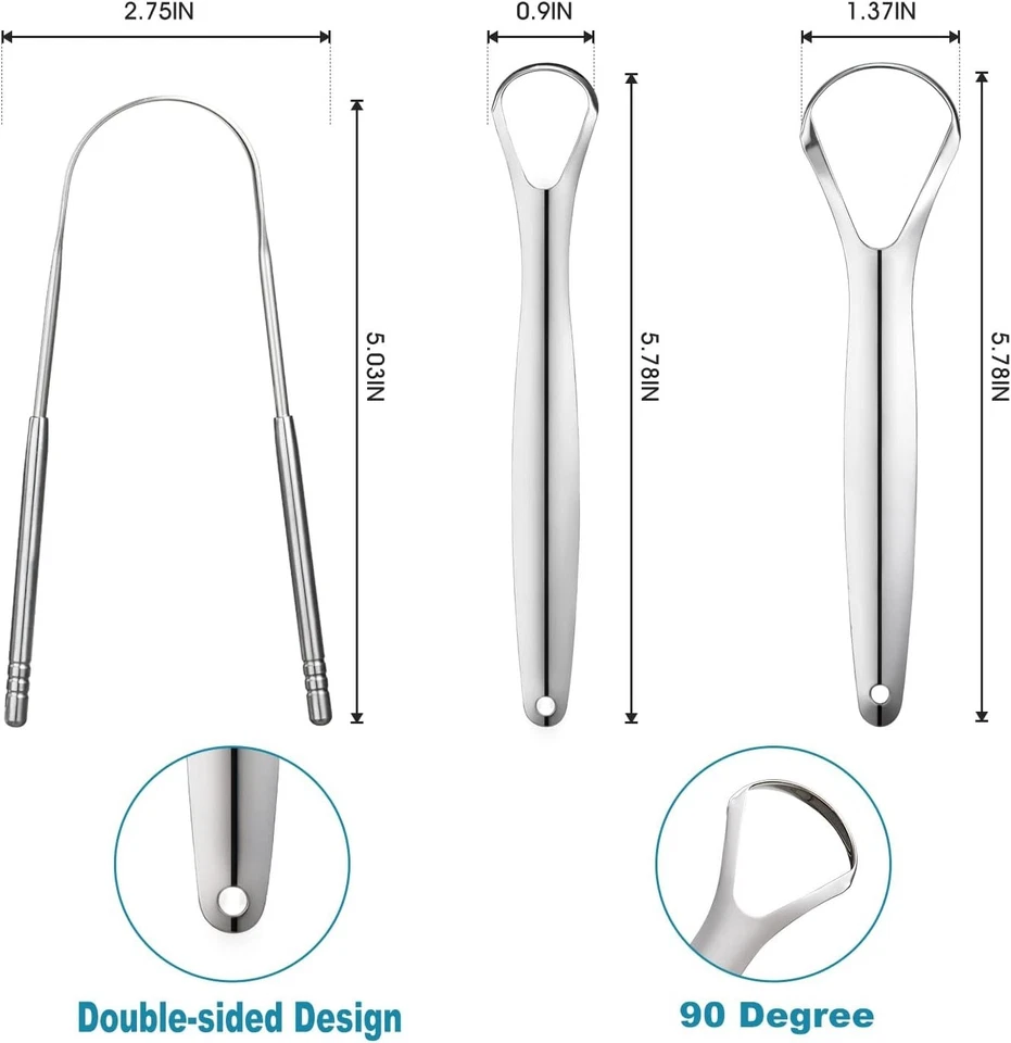 Raspador de lengua de metal de 3 piezas, raspadores de lengua para adultos niños, acero inoxidable Foto 3 de 4