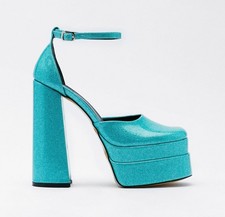 Nasty Gal, TRENDY Blue glitter patent 6.5" block heel double platforms, SZ 9