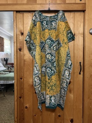 Vintage Women Kaftan Hand Batik Art Roosters XL