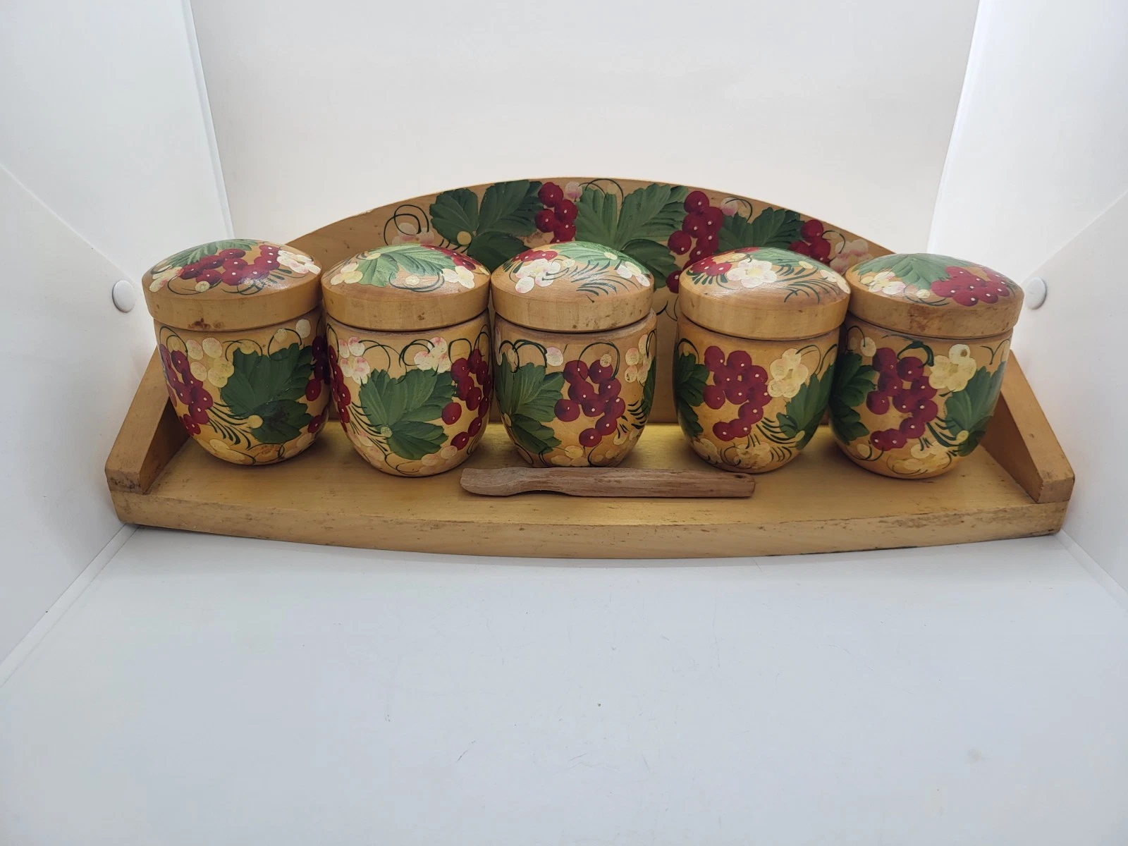 Vintage Wooden Set of Jars for Spices Bulk Products for Kitchen Painting USSR