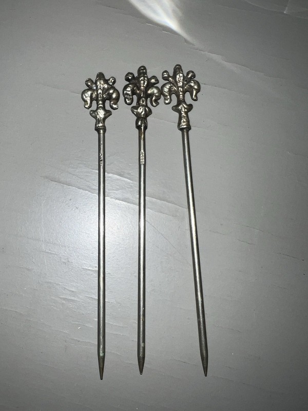 Italy Silver Fleur de Lis Cocktail Picks Skewers Attelets Hat Pins Vintage Set 3