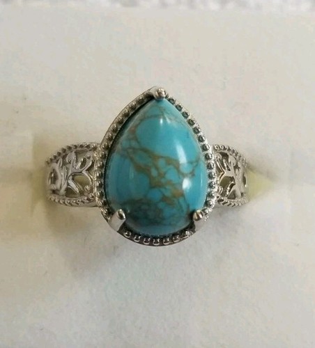 Mojave Blue Turquoise Solitaire Pear Stone Ring Size 9 Platinum Plated - Picture 6 of 8