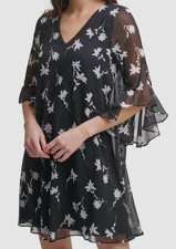 Calvin Klein Womens Size 4 Black Floral 3/4-Sleeve Chiffon Tunic Dress NEW