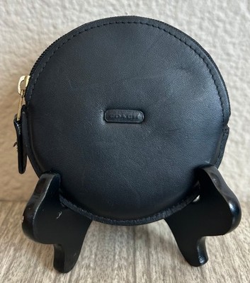 Vintage COACH Black Leather Circle/Round Change Coin Purse Zip Around 3.5in Diam