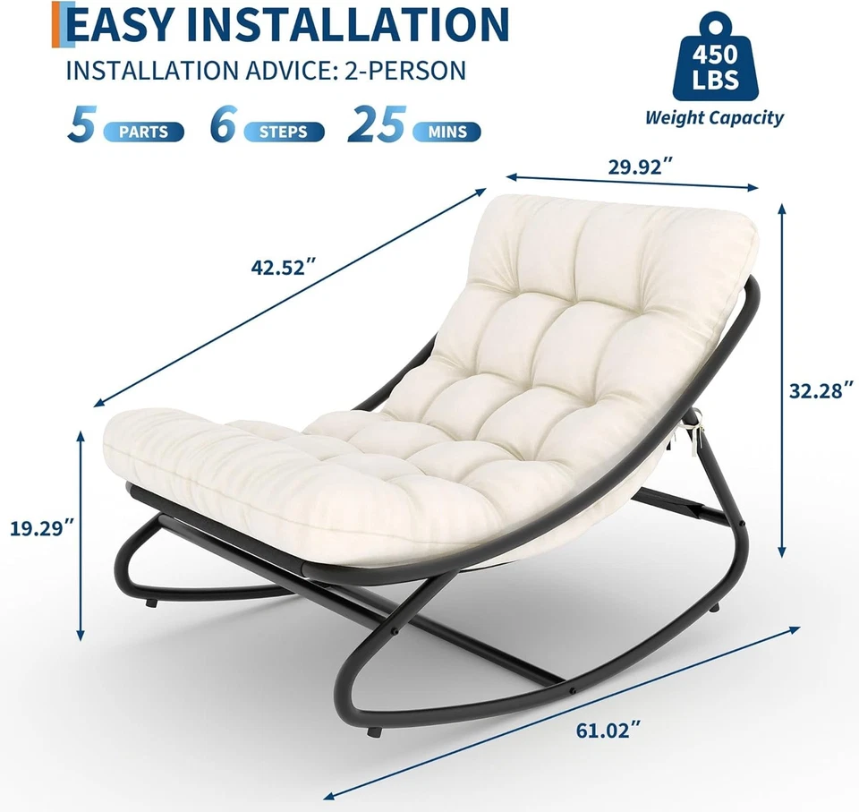 Mecedora de patio con marco metálico con cojín grueso impermeable cuerda fija blanca Foto 4 de 4