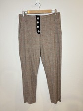 Pinko Italy Brown Houndstooth Plaid Pants 6 Rhinestone Button High Rise Cropped