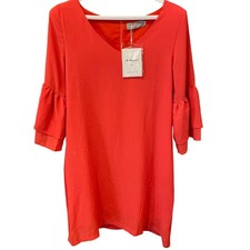 Belongsci Women Orange V-Neck Tiered Ruffle Bell Sleeve Shift Dress Size S NEW