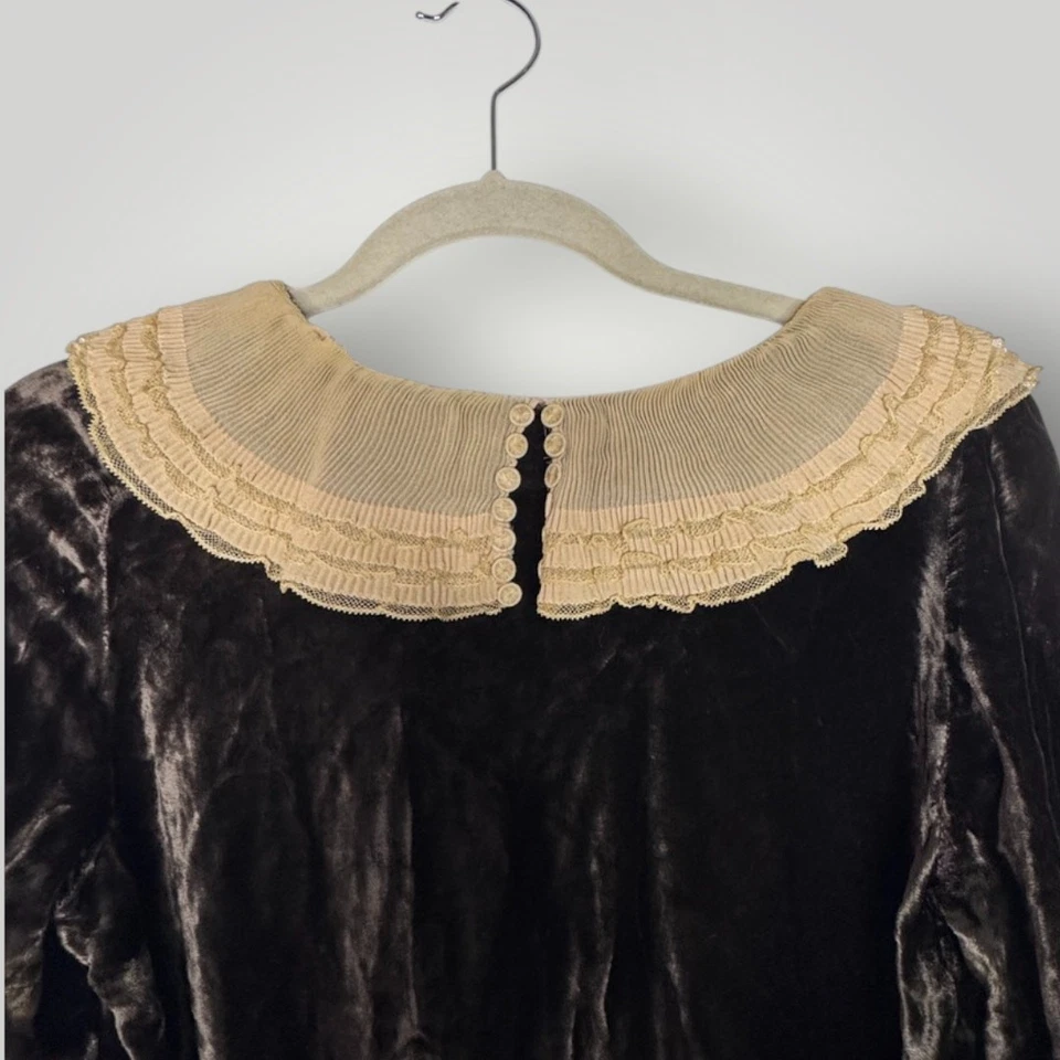 Vestido Vintage Años 30 Marrón Terciopelo Cinturón Estrás Cierre Encaje Cuello S/M Foto 4 de 4