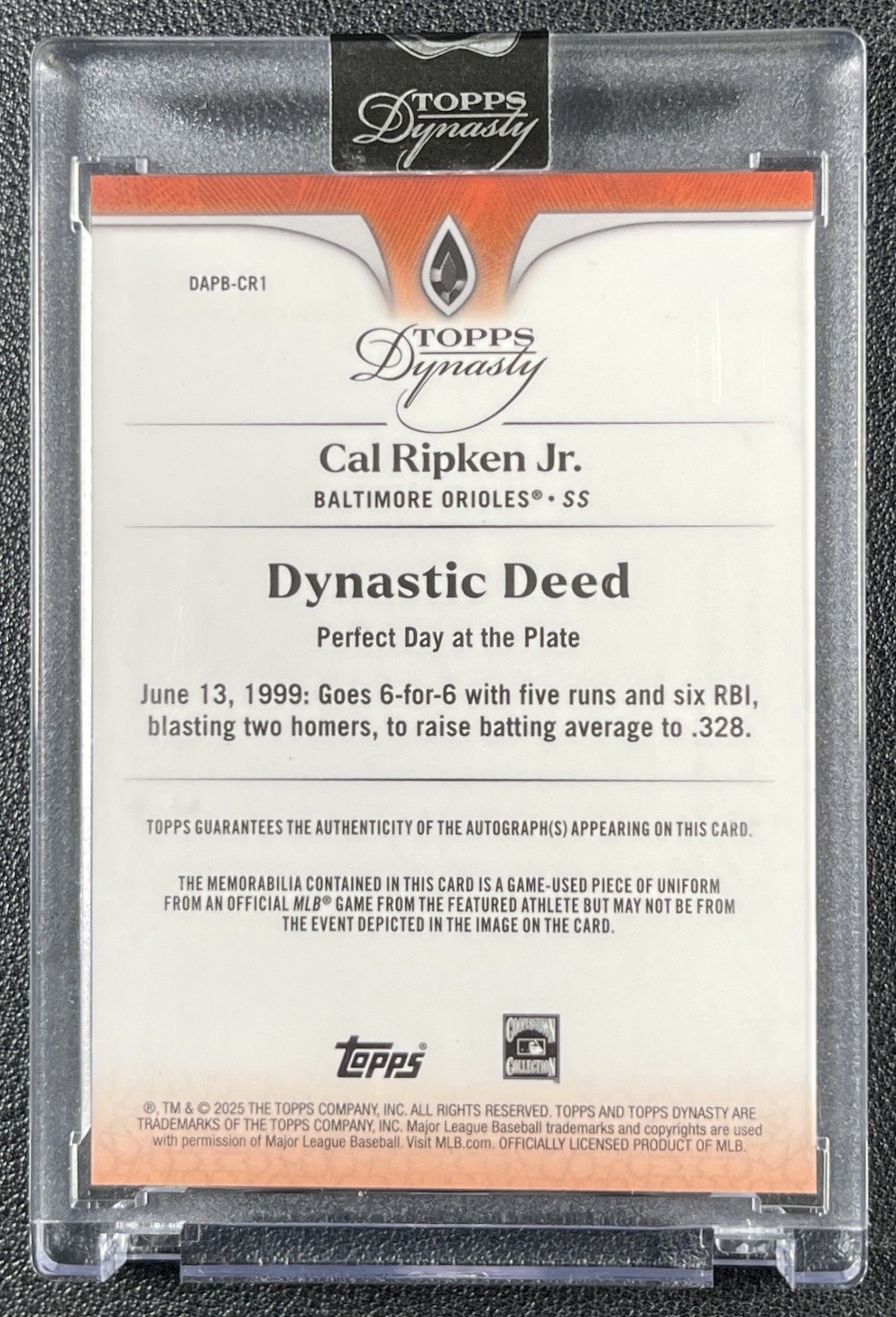 CAL RIPKEN JR. 2025 TOPPS DYNASTY #DAPB-CR1 GAME-USED PATCH AUTO 4/10 ORIOLES view 2