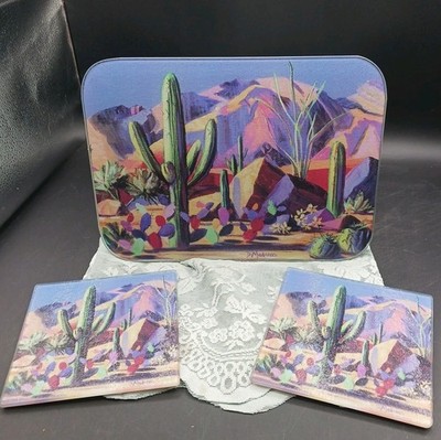 D. Madaras Catalina Magic Glass Cutting Board & 2 Trivets SouthWestern Landscape