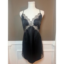 Victoria's Secret Black Lace Satin Chemise Slip Dress L 2014