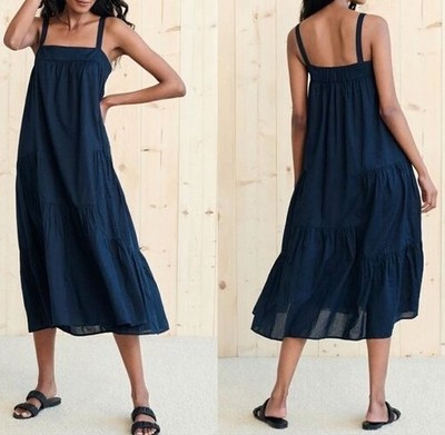 Jenni Kayne Sun Dress Cotton Linen Medium Navy Blue Midi Pullover Tiered Summer