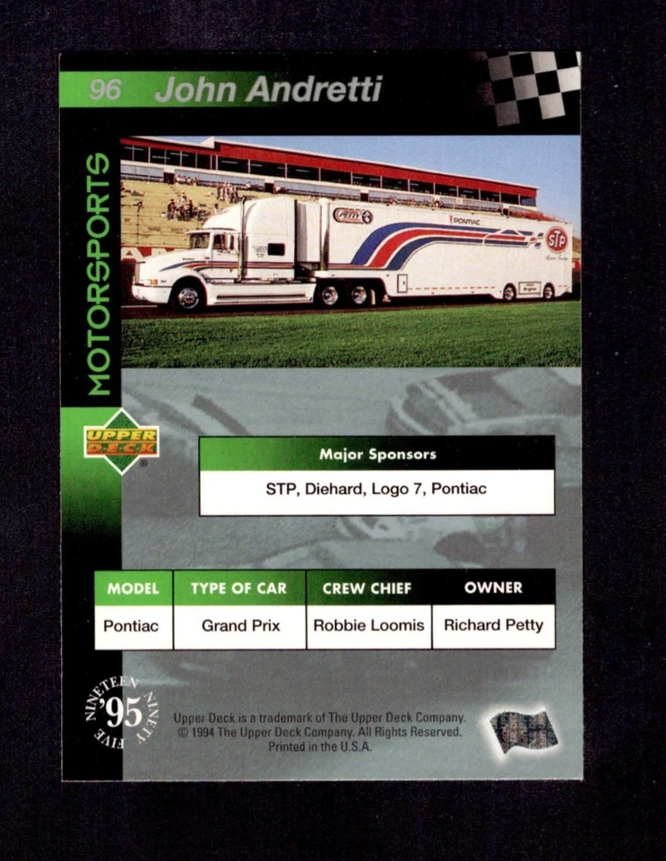 1995 Upper Deck #96 John Andretti's Car NMMT 8865 - Image 2 of 2