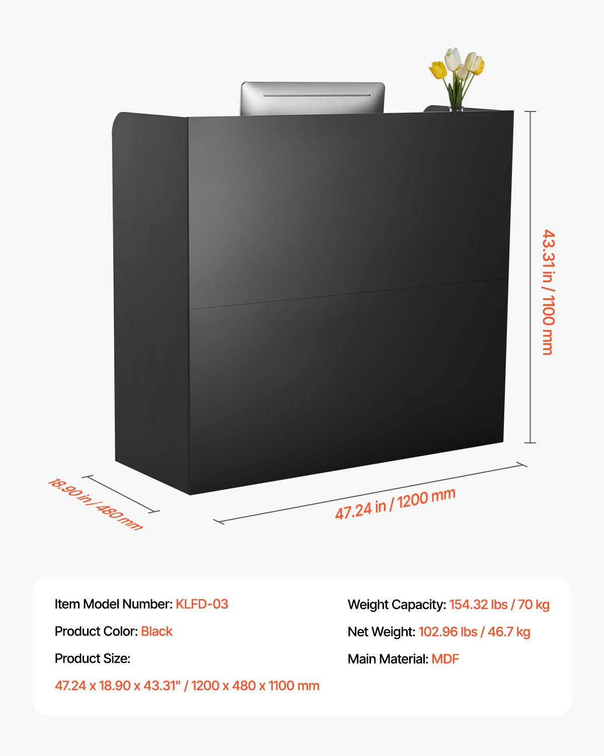 Uimoso Reception Desk Rectangular Front Counter Table 47.24in Black Office Table