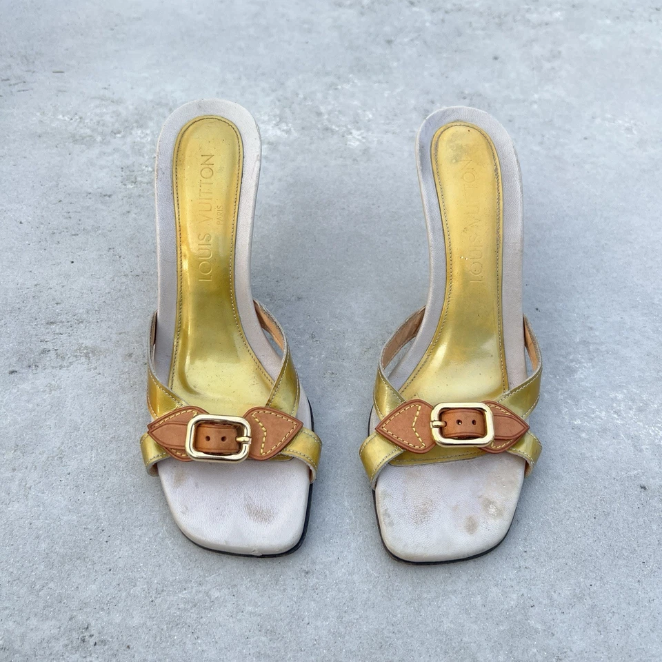 Louis Vuitton | Authentic Vintage Iconic Shimmery Gold Buckle Wedge Heels (37) - Image 2 of 4