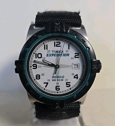 VTG Timex Expedition Watch Men White Dial Silver Tone Date Indiglo 1999 New Batt