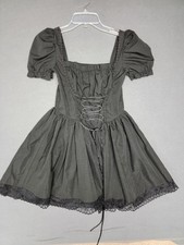 NWT~CIDER~Corset Dress SMALL Black Dark Fairy Whimsigoth Lace Trim Smocked