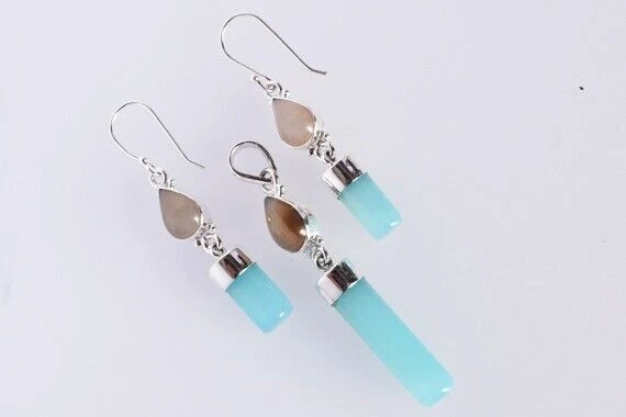 Set gioielli orecchini pendenti calcedonio acqua naturale con gancio agata... - Immagine 4 di 4