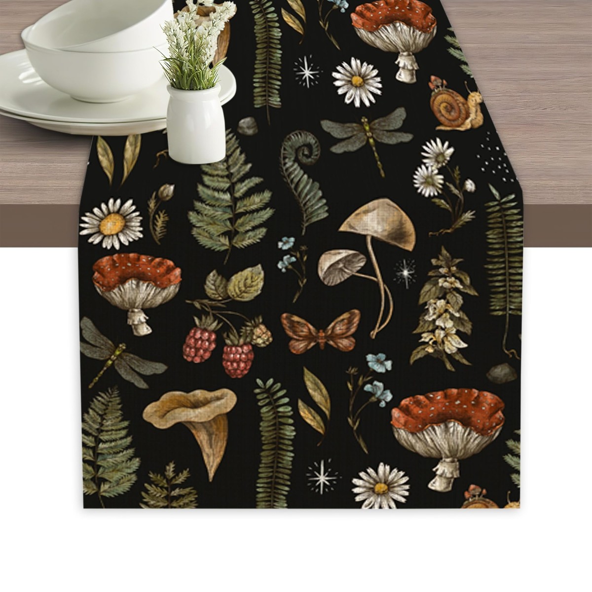 Mushroom Fern Forest Plants Table Runner Dresser Scarves Seasonal Linen  Table...