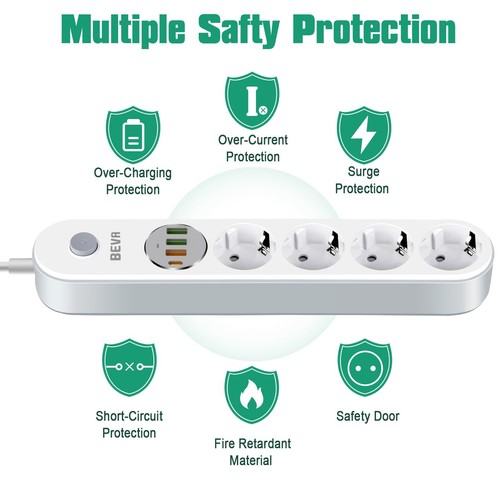 Multiprise USB Multiprise Parasurtenseur 4 Prises avec 1 USB C+ 3 USB-A Power... - Photo 5/7