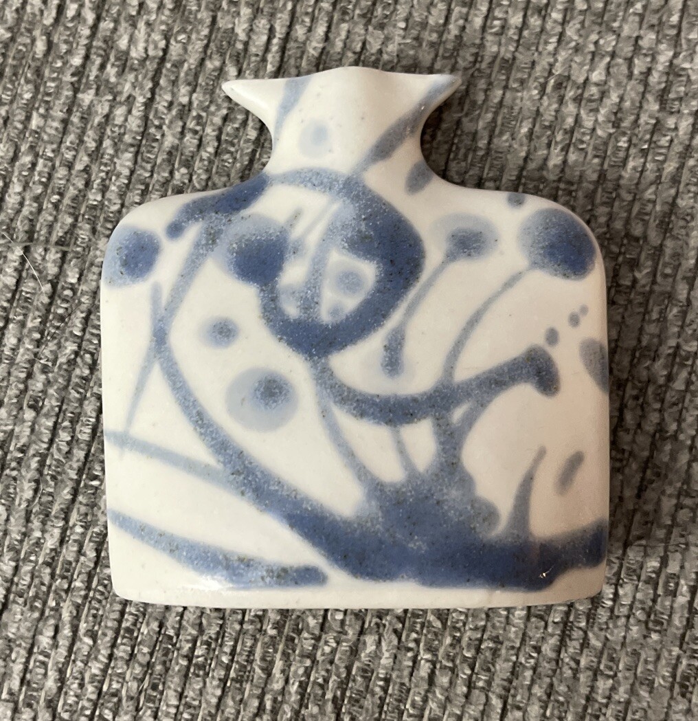 Earth & Sky Pottery N Carolina ESP Bloom Signed Slab Flask Vase 3” Bud Vase Blue