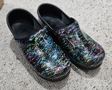 Women Dansko patent glossy multicolor on black slip-on comfort clogs shoes sz 36