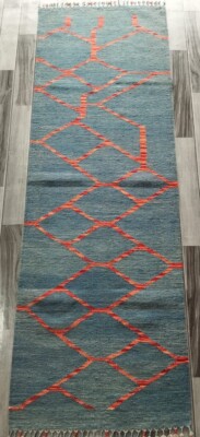 Moderner handgeknüpfter Afghan Türkischer Läufer Kelim Teppich, Azteken Wollteppich, Größe 207x70 CM
