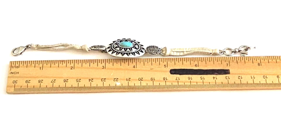 Pulsera imitación turquesa cuero tostado tono plata Foto 3 de 4