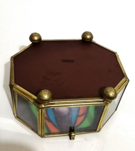 Art Deco Brass Glass Mirror Sides Floral Stained Glass Lid Jewellery Trinket Box - Picture 11 of 11