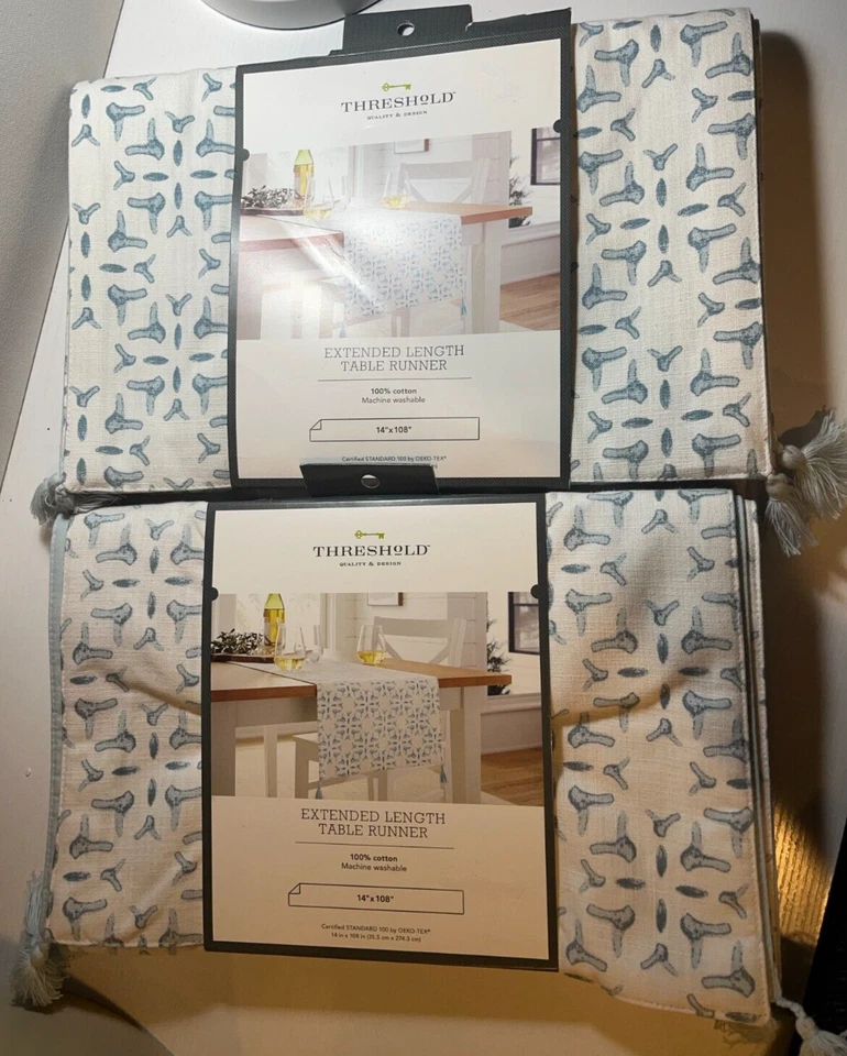 2pk Threshold Extend Length Abstract Print Table Runner: 14"x108" Blue/White b3 - Image 2 of 4
