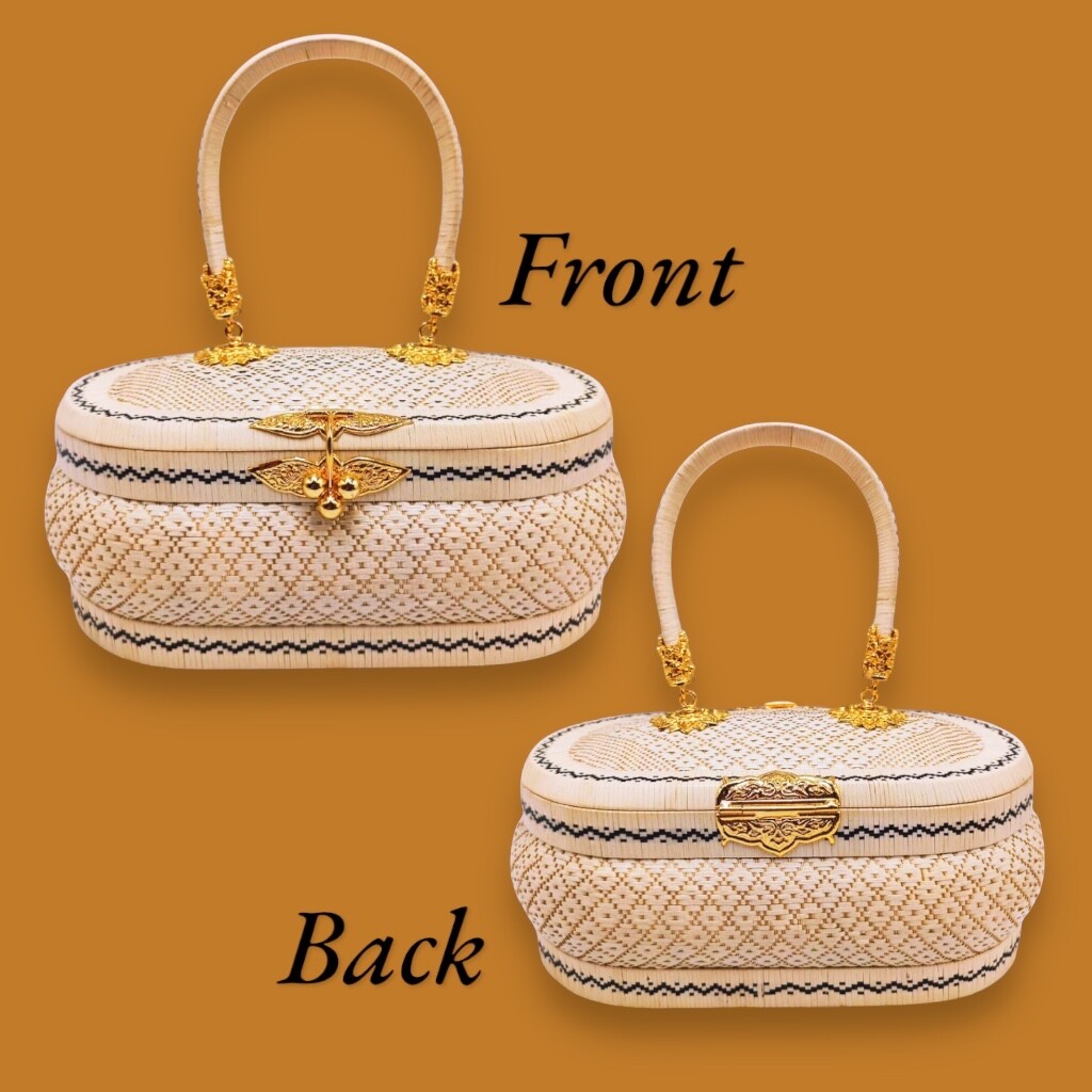Handcraft Ivory Wicker Handbag Yanlipao Gold Lock Elegant Thai