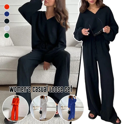 Women V Neck Long Sleeved Top Loose Casual Drawstring Pants Set 2Pcs Set Summer - Picture 3 of 28
