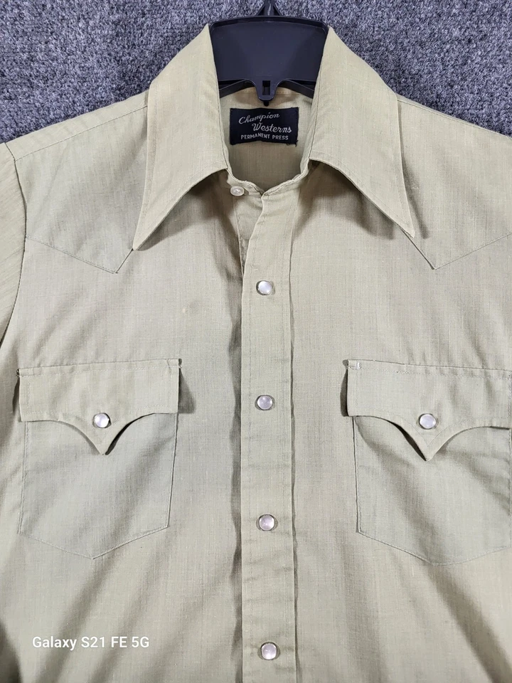 Vtg 70's Champion Westerns Shirt Mens M Sage Green Permanent Press Flap Pockets - Image 2 of 4