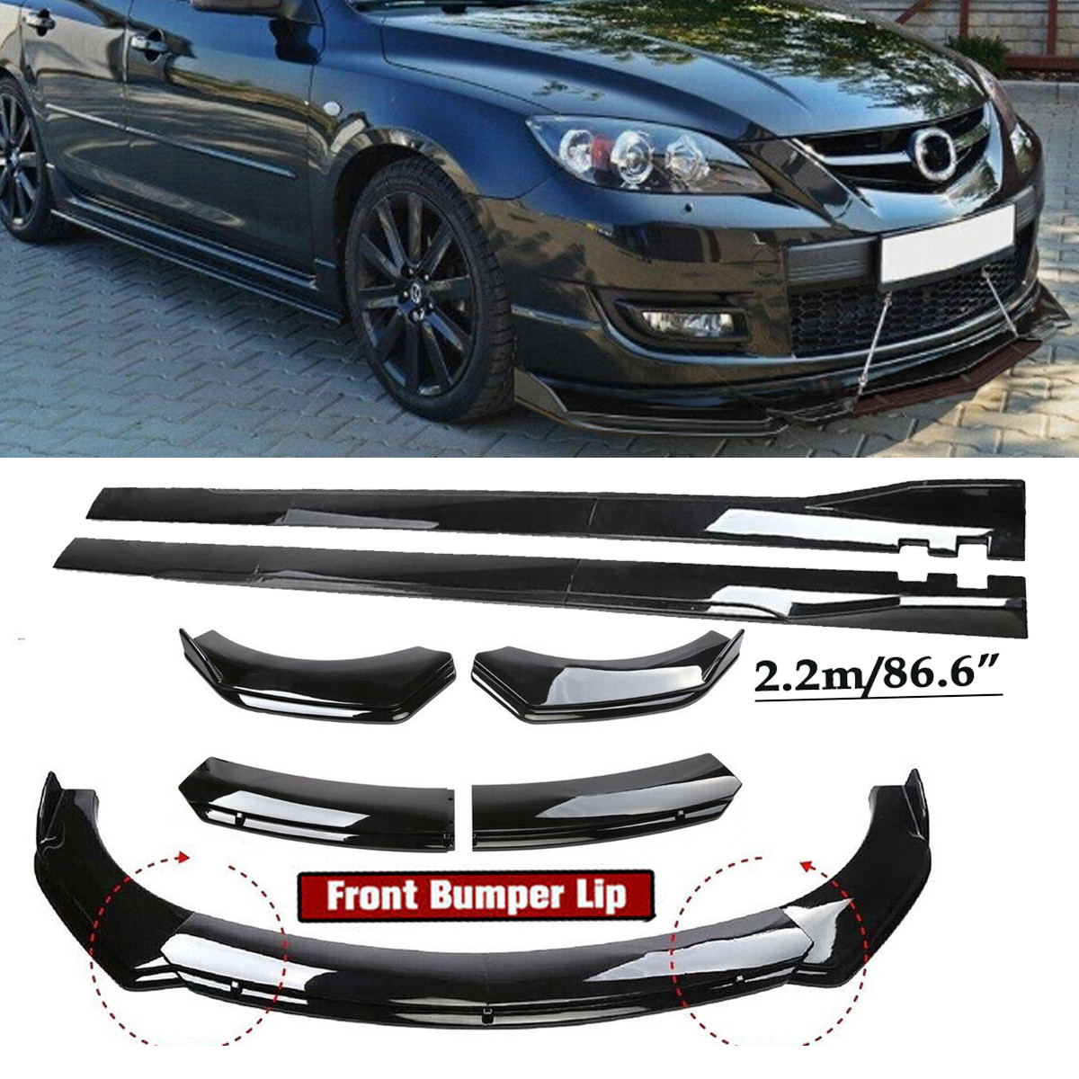 Front Bumper Lip Spoiler Splitter For Mazda 3 Hatchback 2004-21 Gloss Black Body