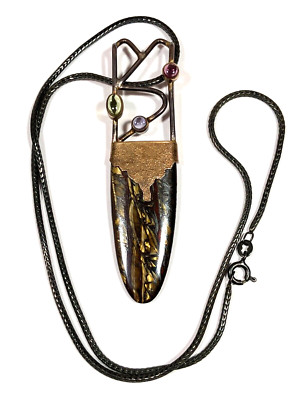 Tiger's Eye Necklace w/ 3 Semi-Precious Cabochon Gems set in 925 Sterling Silver