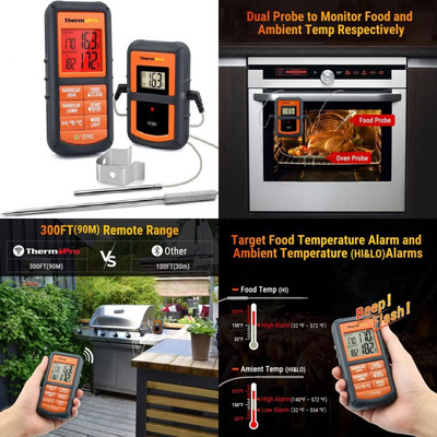 ThermoPro TP08 300FT Wireless Meat Thermometer for Grilling Bright Orange 