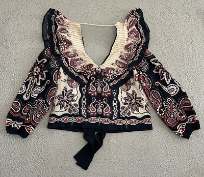 Farm Rio Top Women Medium Black Blouse Paisley Sweet Mermaids Pleated Tie V-Neck
