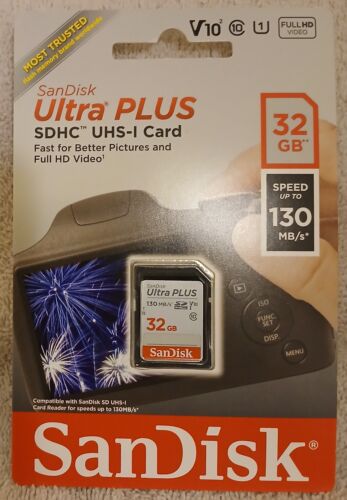 NEW - SanDisk Ultra Plus SDHC UHS-I Card 32GB Speed 130 MB/s New In Packaging