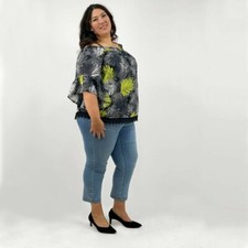 LADIES COLD SHOULDER TROPICAL PRINT TOP CHARCOAL GREY / LIME NEW (192) SALE